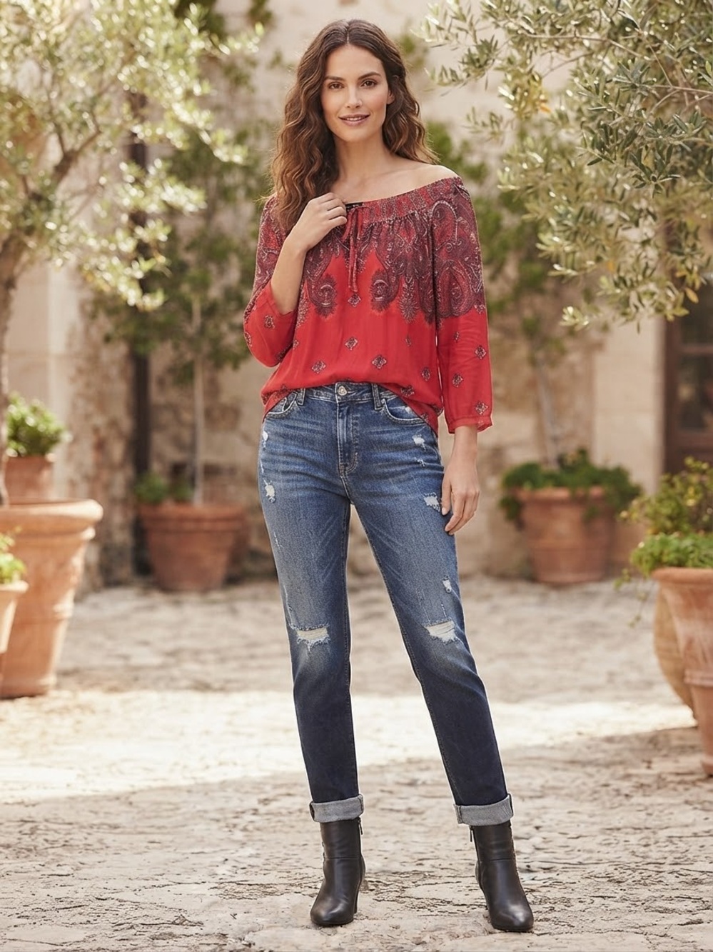 INC International Concepts Red Off-Shoulder Paisley Peasant Blouse
